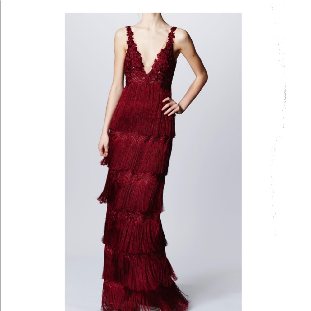 Marchesa Notte Fringe Embroidered Dress
